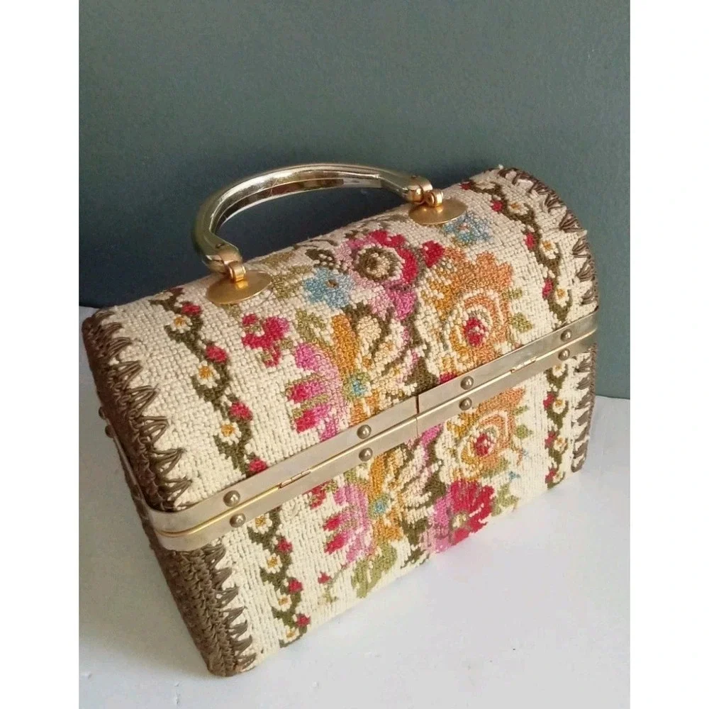 Vintage Floral Tapestry Box Handbag Purse Top Handle Unique Cottagecore Bag‎